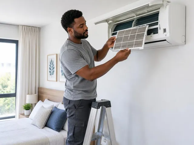 Técnico fazendo manutenção do filtro de ar-condicionado residencial
