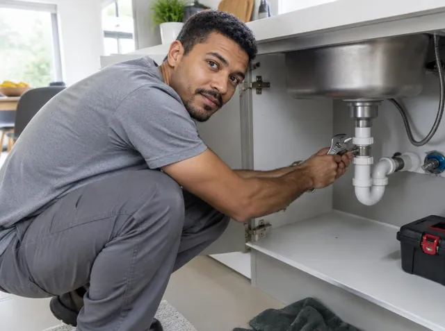 Encanador reparando a tubulação sob uma pia residencial
