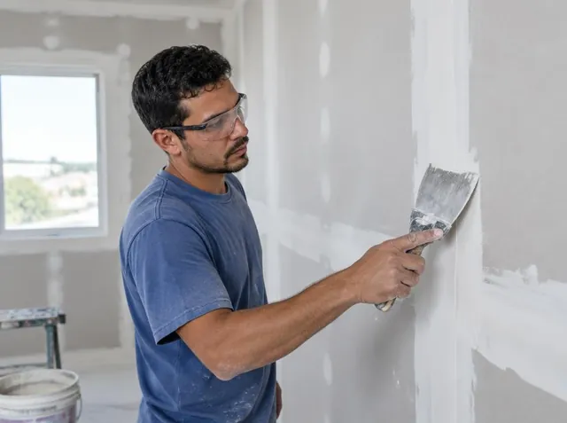 Gesseiro finalizando uma junta de parede de drywall