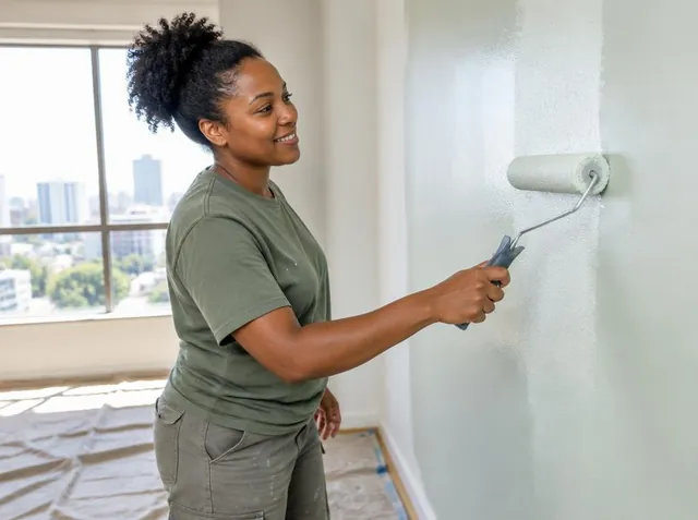 Profissional pintando uma parede residencial com rolo